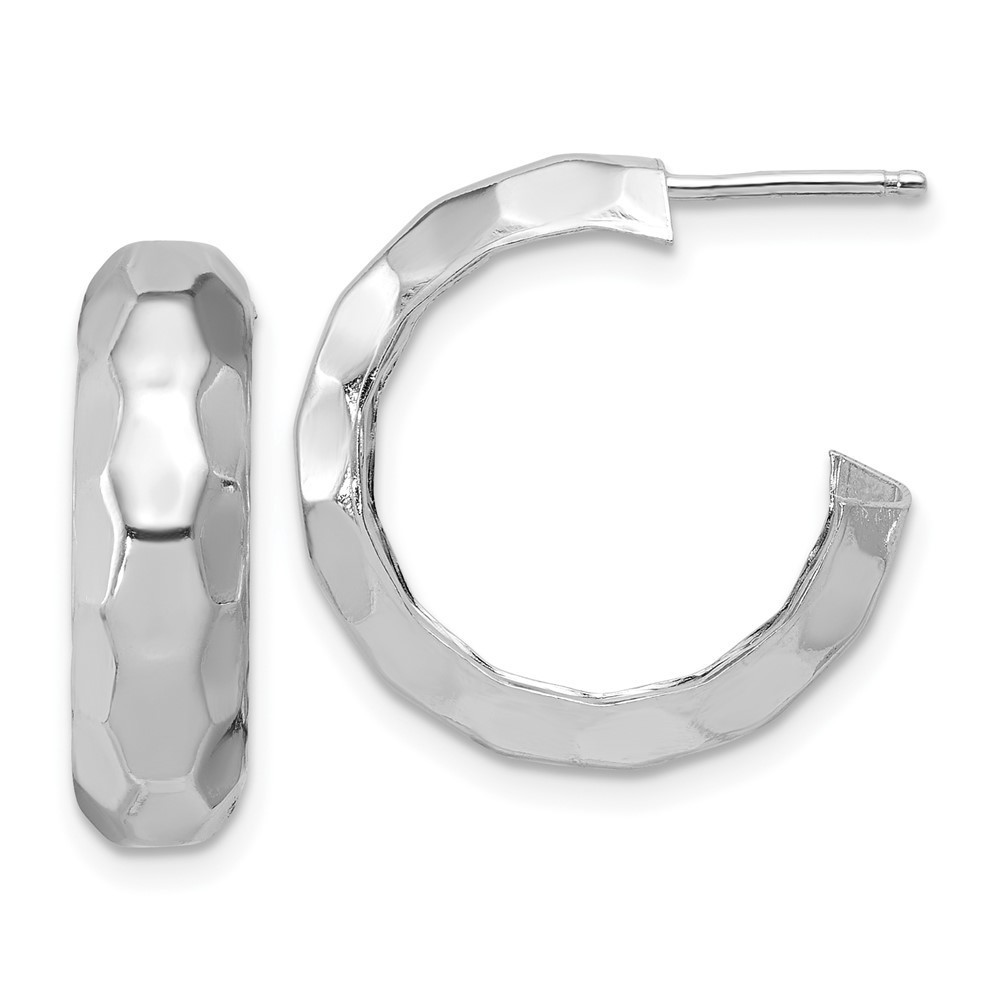 925 Sterling Silver Rh-Plat Polish Textured Post J-Hoop Earrings